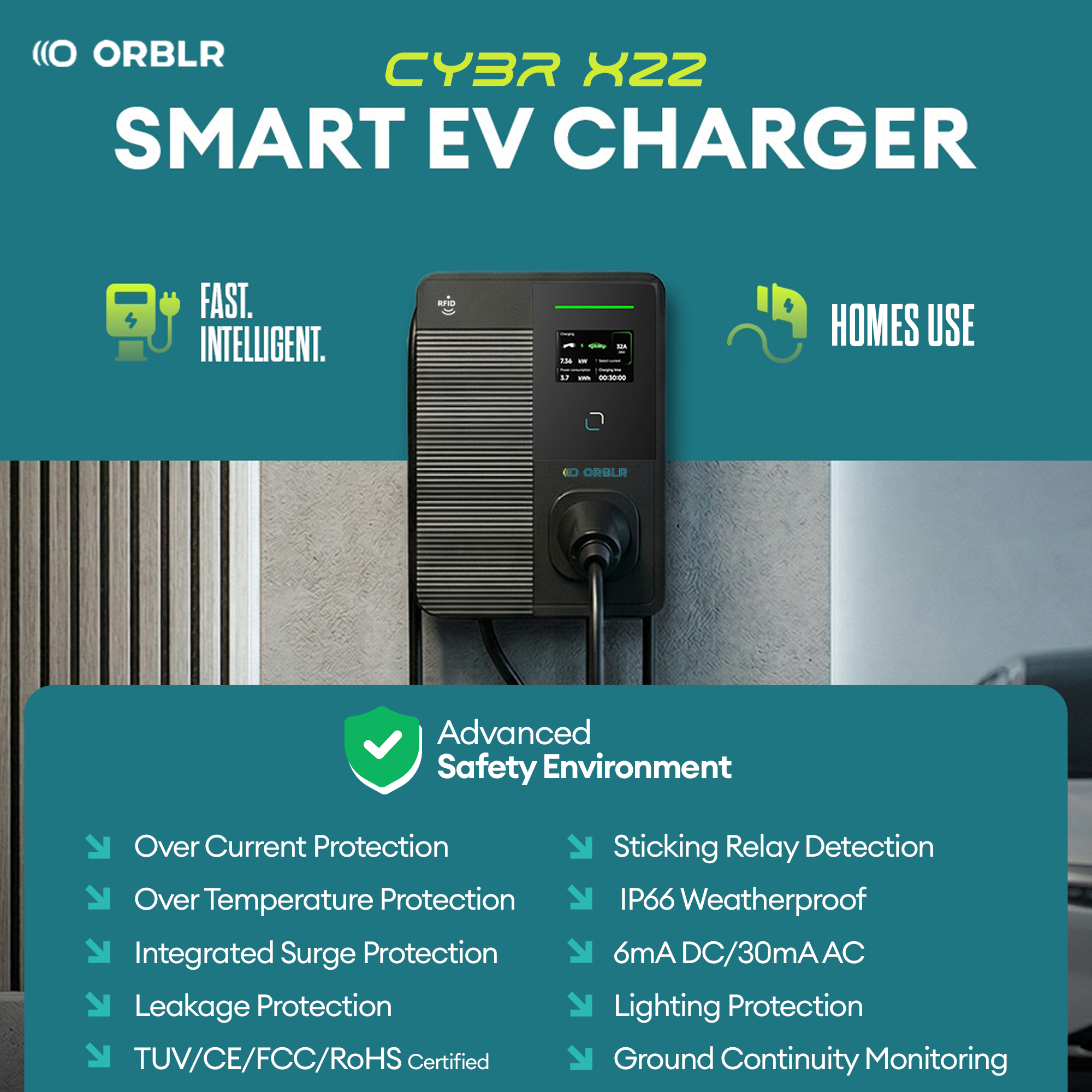 ORBLR CYBR X22 | 22kW Wall EV Charger | Three Phase
