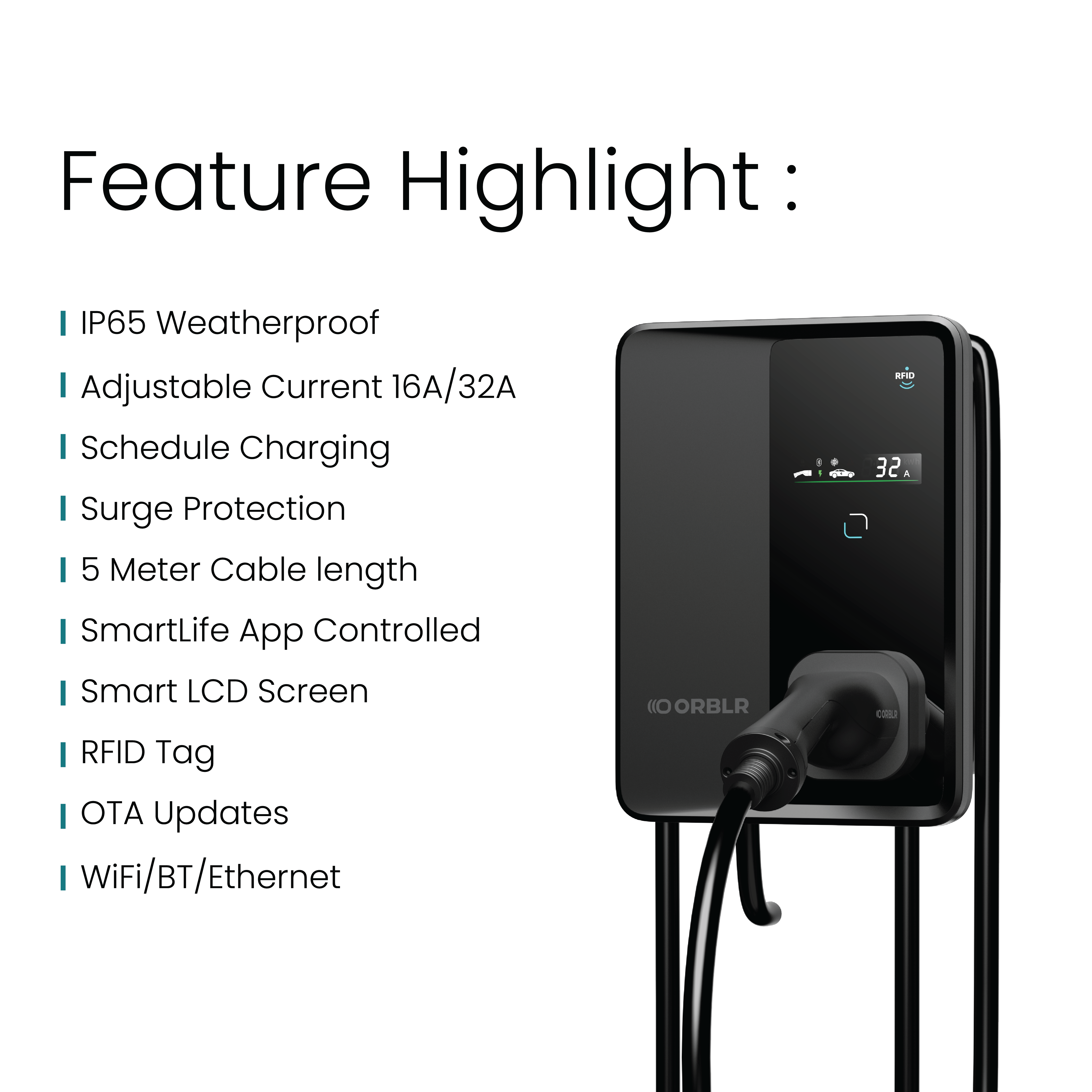 ORBLR CYBR7 | 7.4kW Wall EV Charger | Single Phase
