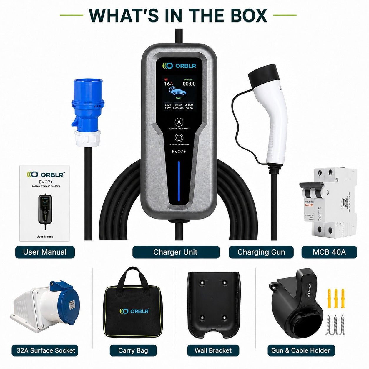 ORBLR EVO7+ | 7.2KW Portable EV Charger with MCB-40A