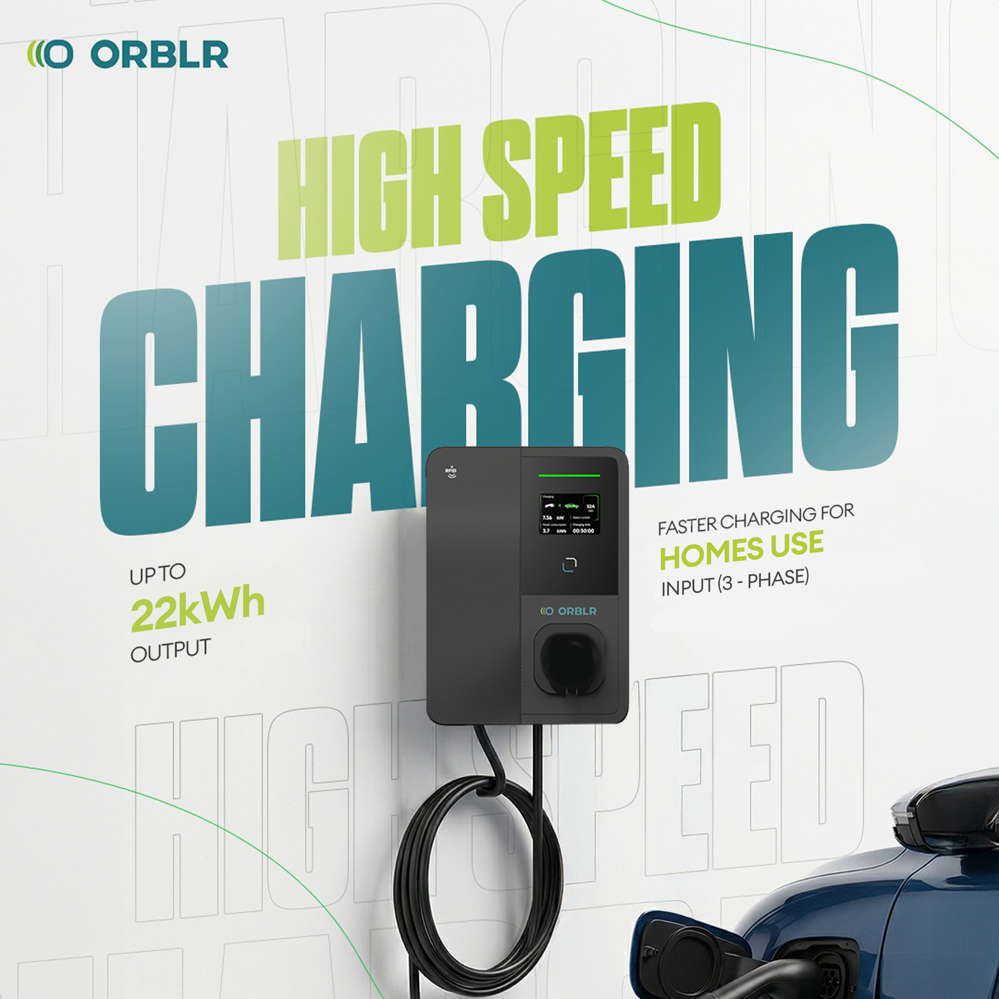 ORBLR CYBR X22 | 22kW Wall EV Charger | Three Phase