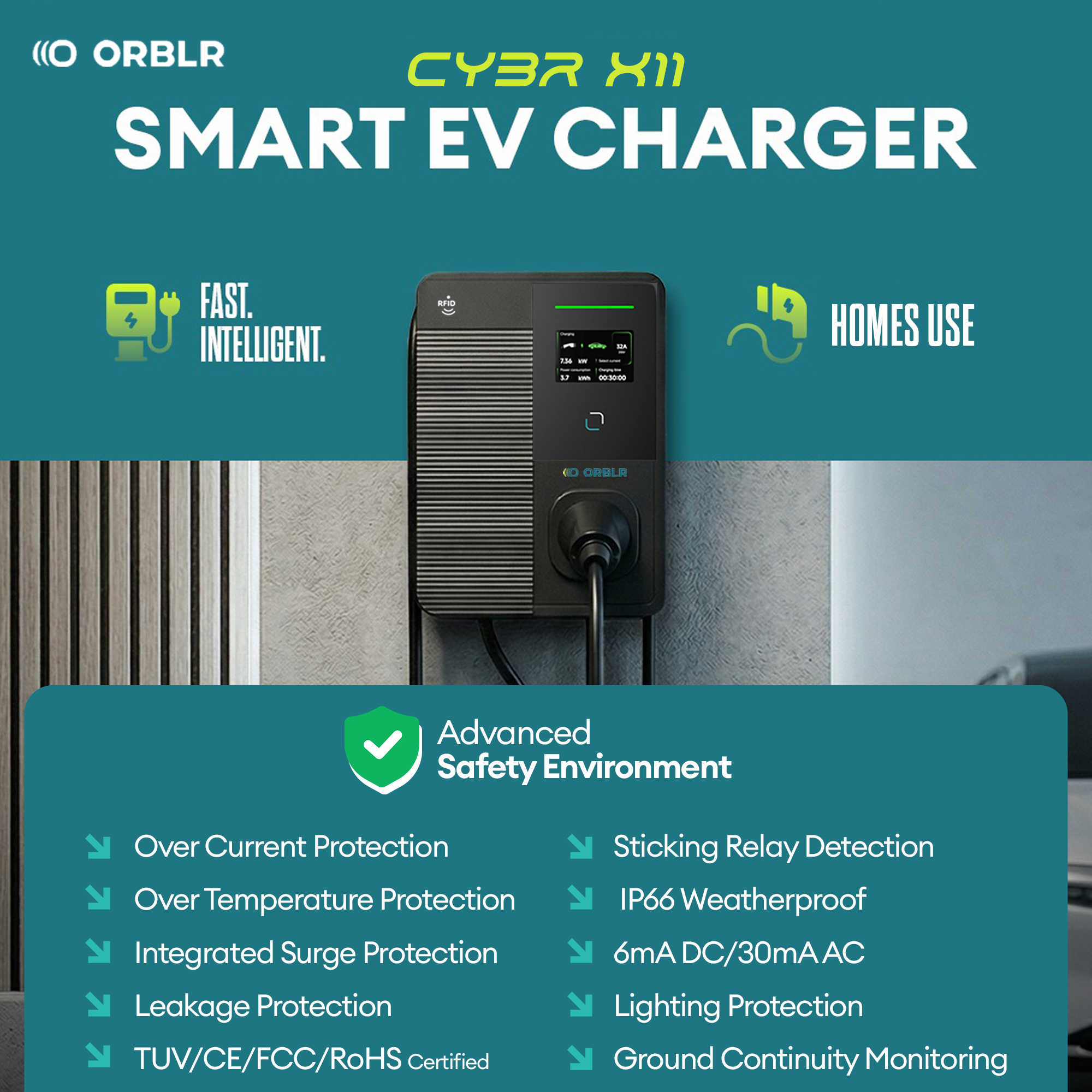 ORBLR CYBR X11 | 11kW Wall EV Charger | Three Phase