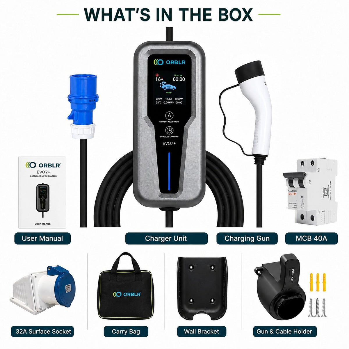 ORBLR EVO7+ | 7.2KW Portable EV Charger Single Phase with 40A MCB